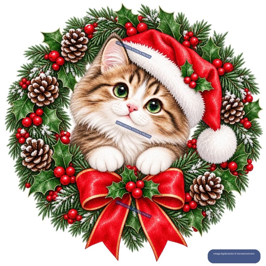Brown-and-white cat wearing a red Santa hat inside a Christmas wreath with holly, berries, pinecones, evergreens, and a red bow.