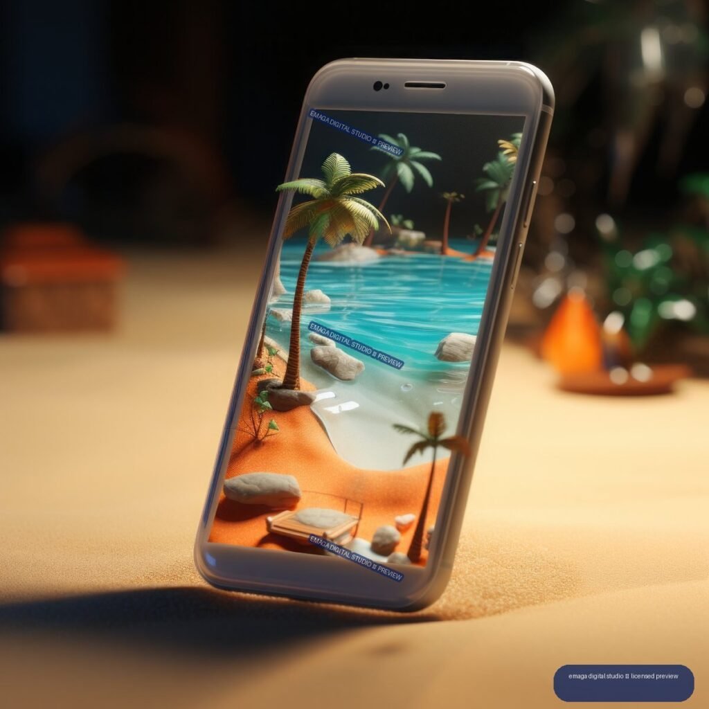 Angled smartphone displaying a tropical lagoon with palm trees, turquoise water, sand, rocks, and a small lounge chair, photographed against a dark softly blurred setting.