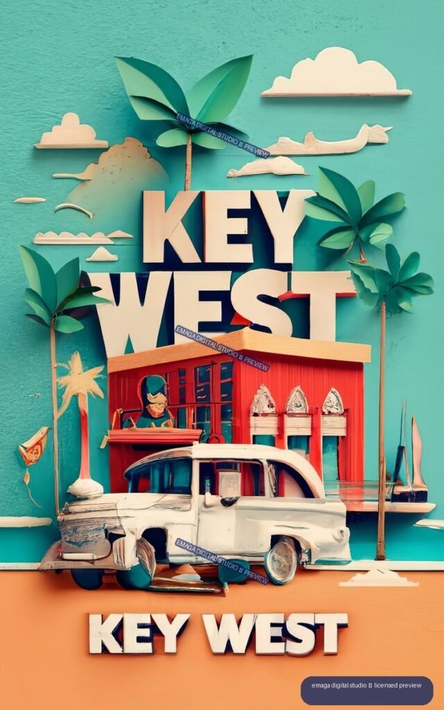 Retro Key West poster with large lettering, palm trees, a red waterfront building, a white vintage pickup truck, and a boat.