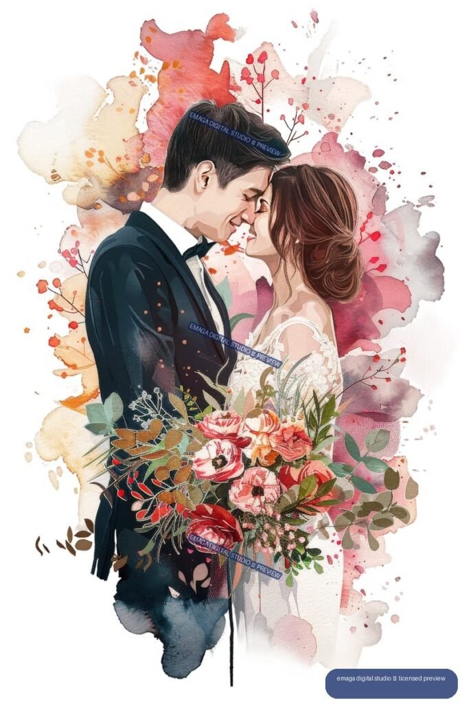 Watercolor illustration of a bride and groom touching foreheads, surrounded by colorful flowers and foliage.