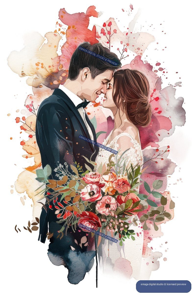 Watercolor illustration of a bride and groom touching foreheads, surrounded by colorful flowers and foliage.