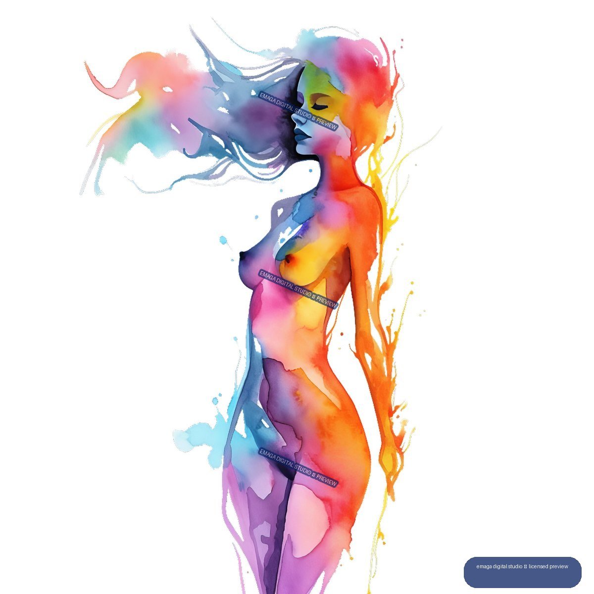 Colorful watercolor illustration of a nude feminine figure in side profile with long flowing hair and paint splashes.