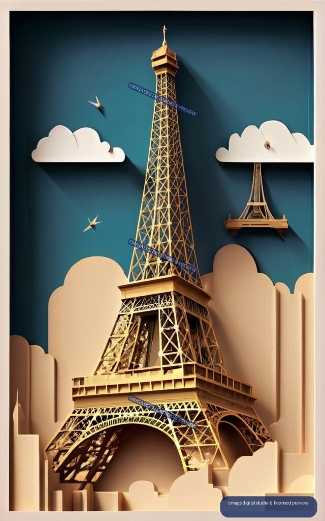 Stylized golden Eiffel Tower rising through layered cream paper-cut clouds against a dark teal sky, with a smaller suspended tower and flying shapes.