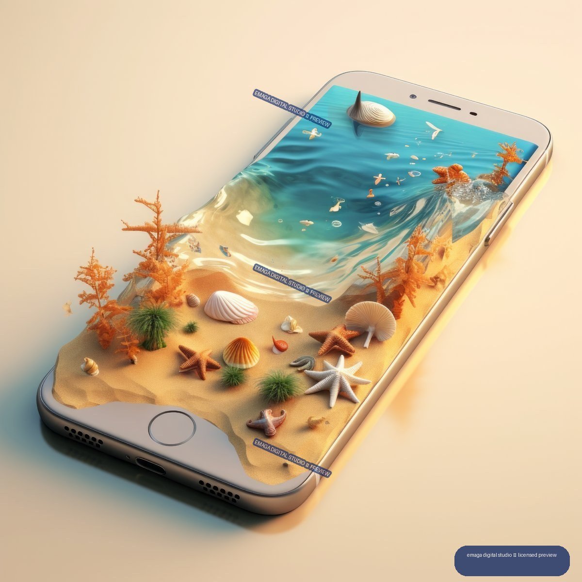 Angled smartphone containing a miniature tropical beach with turquoise water, sand, shells, starfish, and coral-like plants.