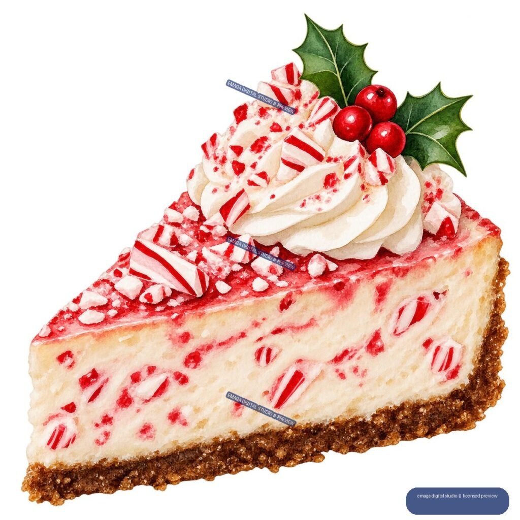 Watercolor illustration of a peppermint cheesecake slice topped with whipped cream, holly leaves, and red berries.