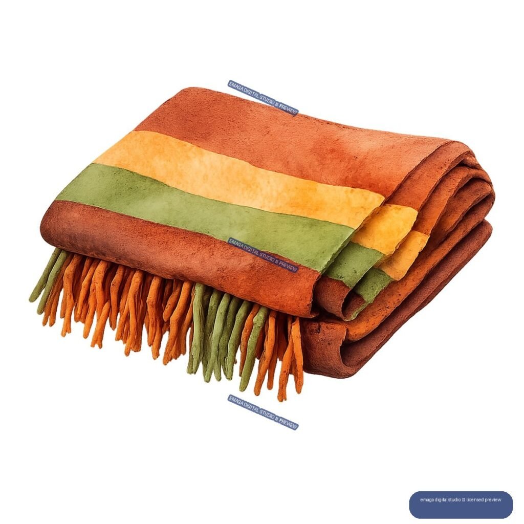 Folded rust, ochre, and sage green fringed textile isolated against white.
