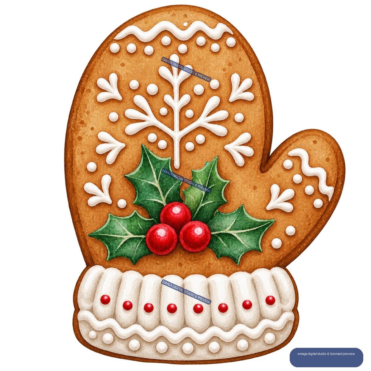 Decorated gingerbread snow globe cookie with a white icing snowflake, holly leaves, red berries, and an ornate iced base.