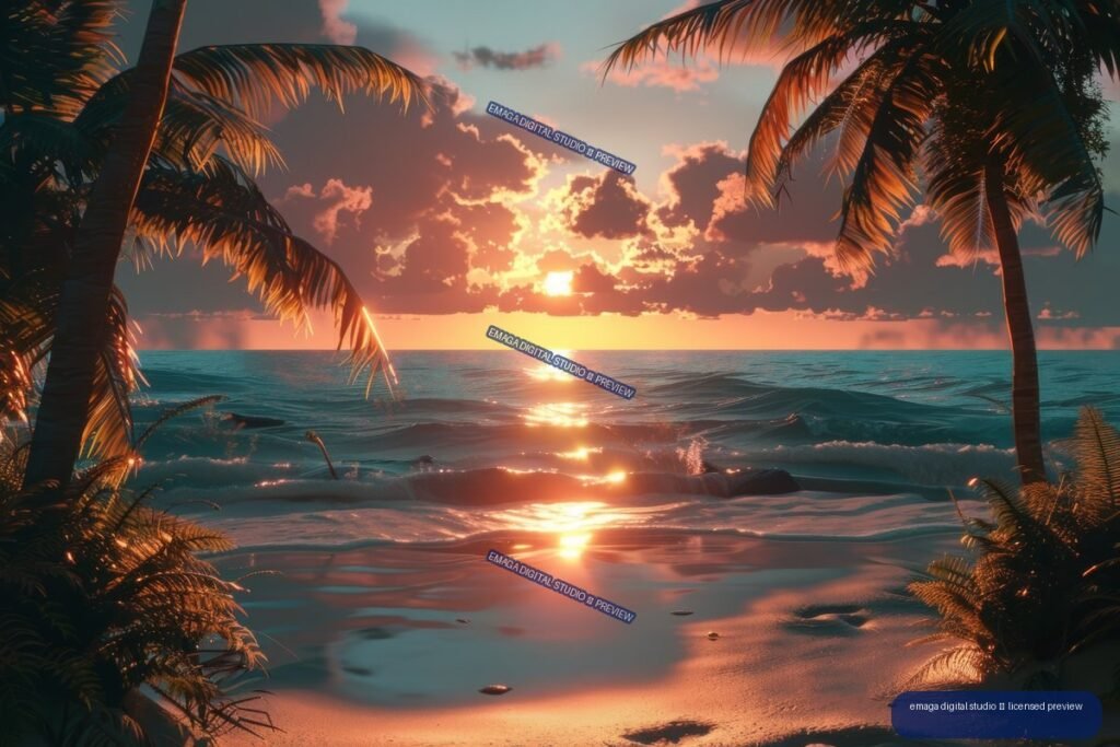 Tropical ocean sunrise with glowing reflections, rolling waves, palm trees, foliage, dramatic clouds, and a sandy foreground.