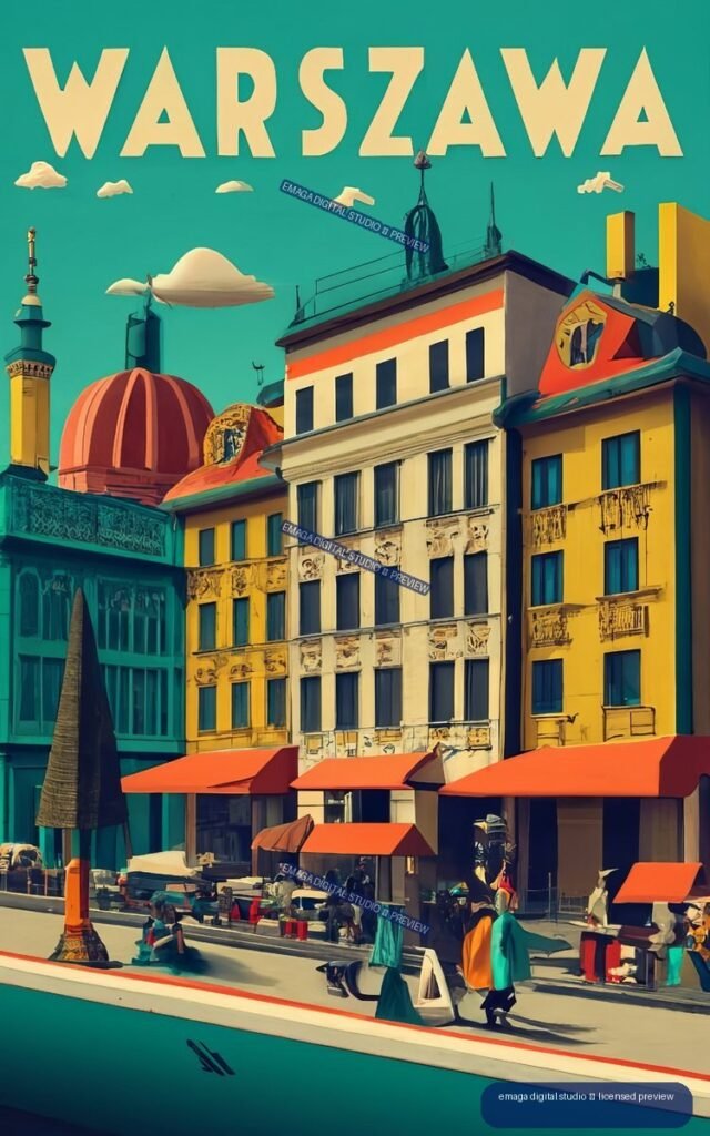 Stylized colorful Warsaw city street poster with historic buildings, domes, market stalls, pedestrians, and large text reading WARSAWA.