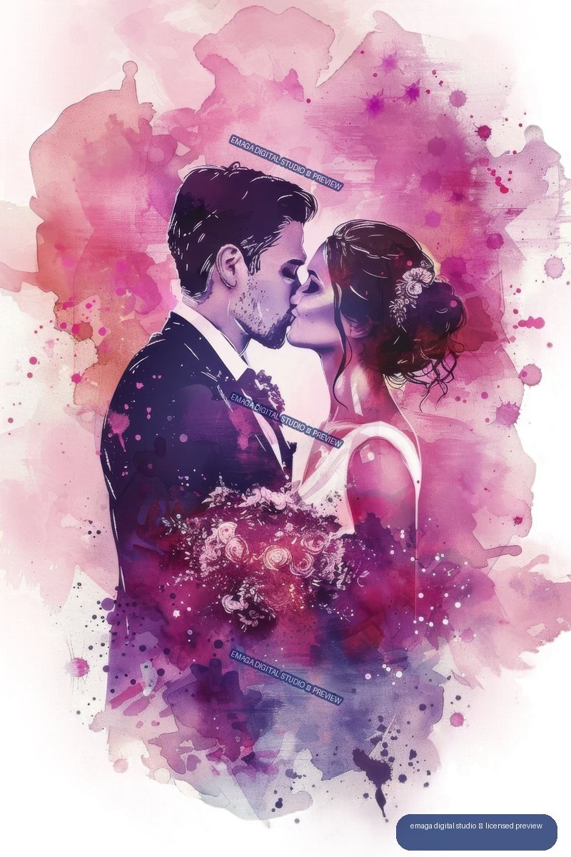 Watercolor illustration of a bride and groom kissing while holding a pink and purple floral bouquet, surrounded by colorful paint splashes.