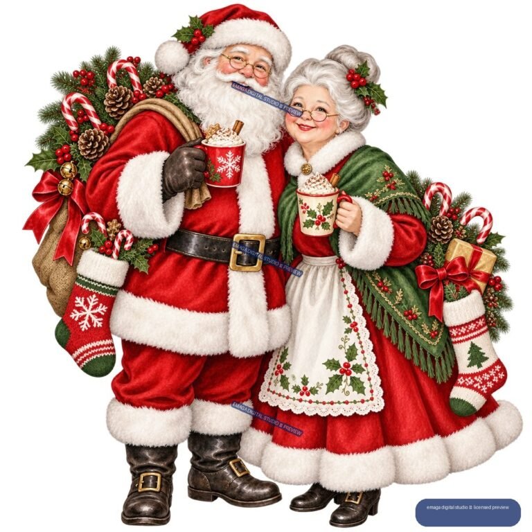 Watercolor Christmas Santa and Mrs. Claus with Holiday Decorations - No. 001516
