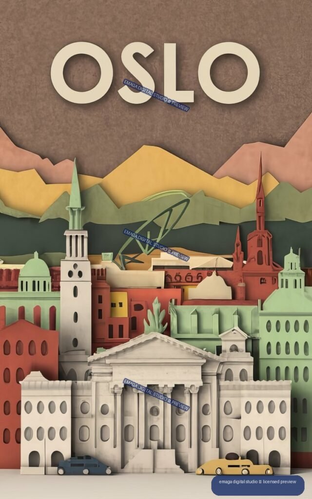 Vintage-style paper-cut travel poster reading OSLO above a colorful cityscape with towers, a classical building, mountains, and two cars.