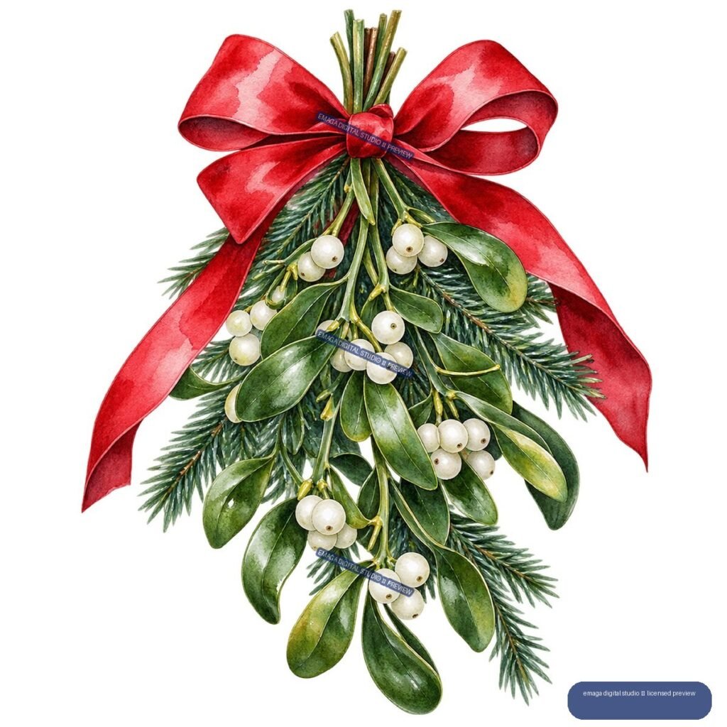 Watercolor Christmas arrangement with evergreen branches, mistletoe leaves, white berries, and a large red bow.