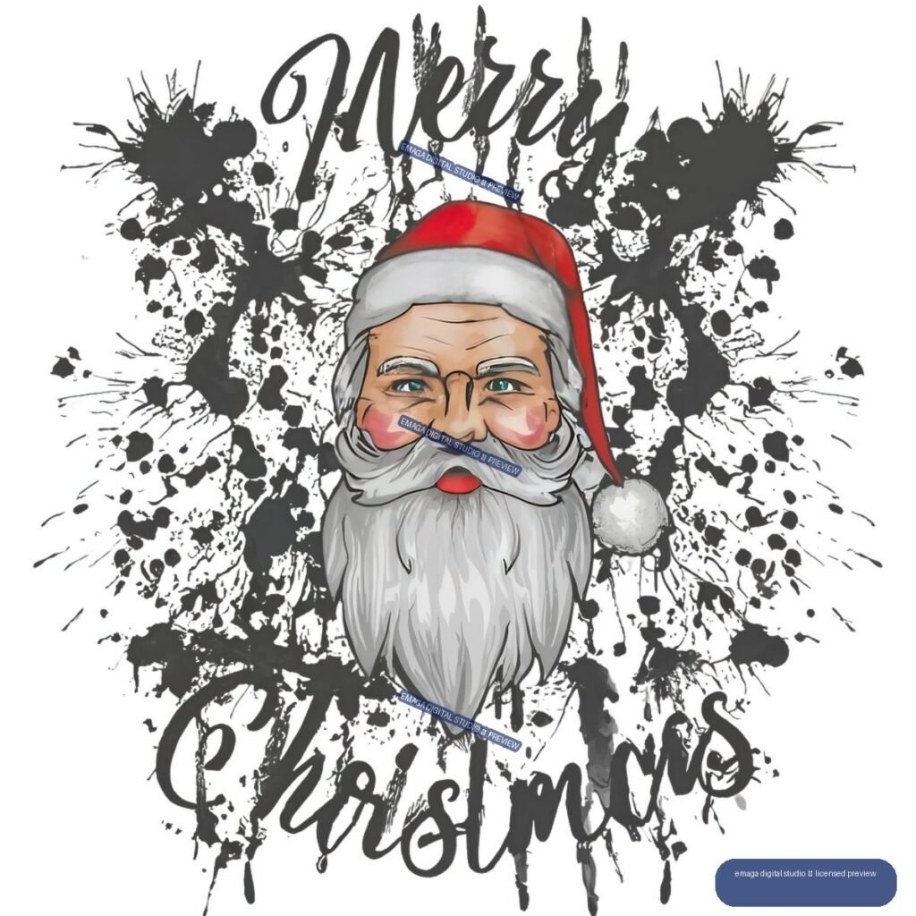 Illustrated Santa Claus with a red hat and white beard centered between black brush lettering reading “Merry Christmas,” surrounded by ink-splatter accents.