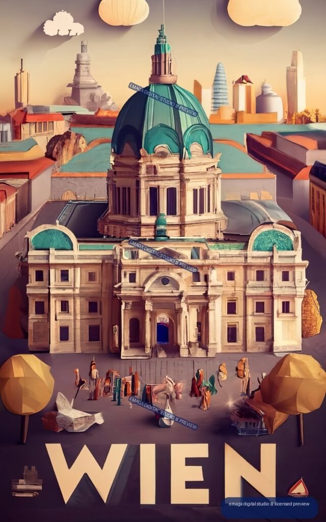 Stylized vertical poster showing an ornate domed building, layered city skyline, small figures, and large WIEN lettering at the bottom.