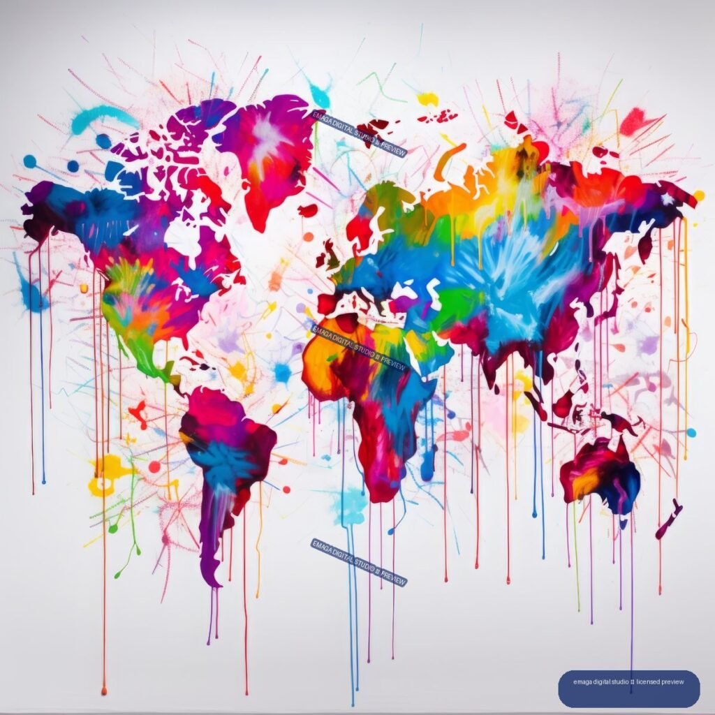 Vivid abstract world map in graffiti style with multicolored paint splashes, sketch marks, and long dripping lines.