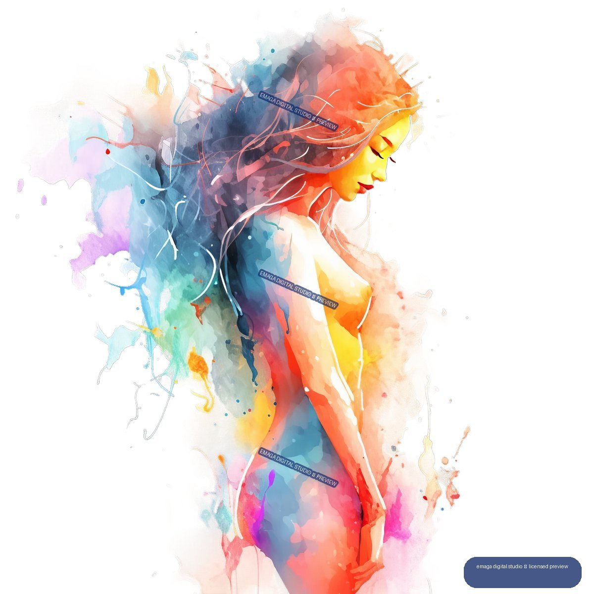 Stylized watercolor portrait of a woman in side profile with flowing multicolored hair and colorful paint splashes around her figure.