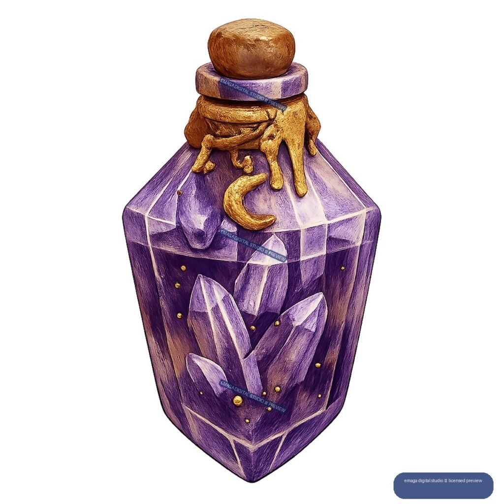 Faceted purple potion bottle with crystal points, gold crescent moon, cork stopper, and dripping gold decoration.