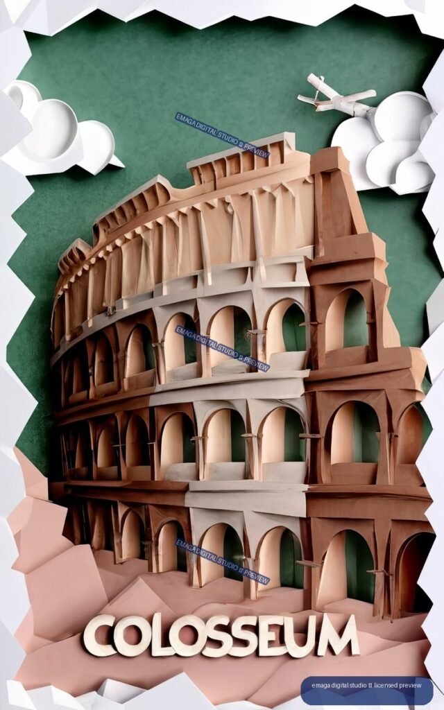 Stylized terracotta Colosseum with repeated arches on a dark green background, framed by torn white paper, with clouds, an airplane, and the word COLOSSEUM.