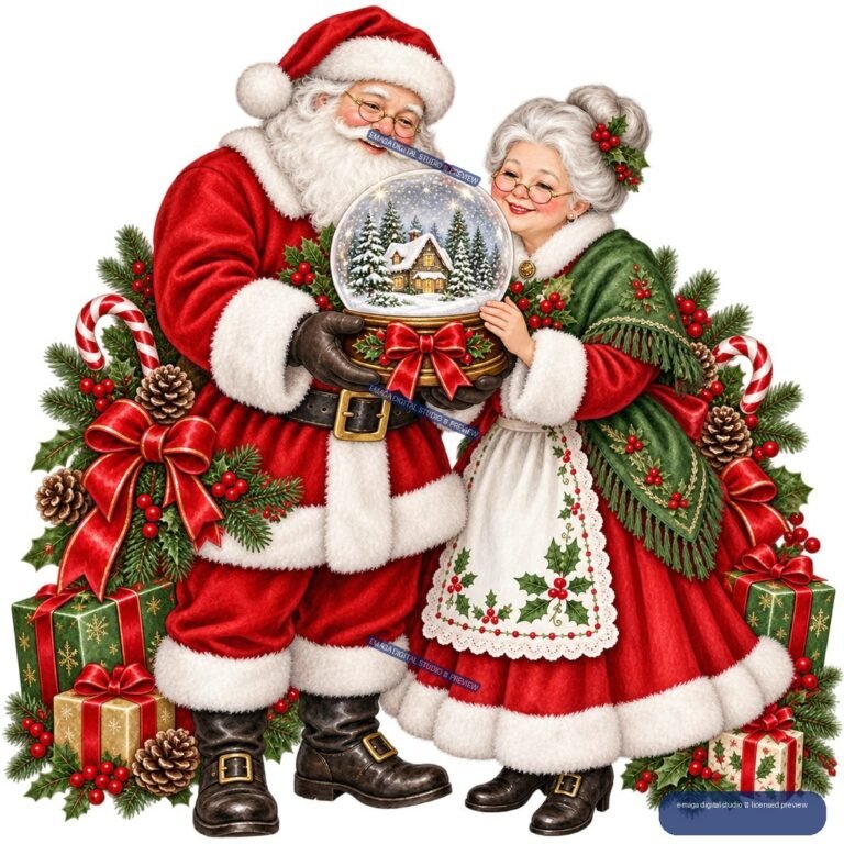 Watercolor Santa and Mrs. Claus with Snow Globe - No. 001514