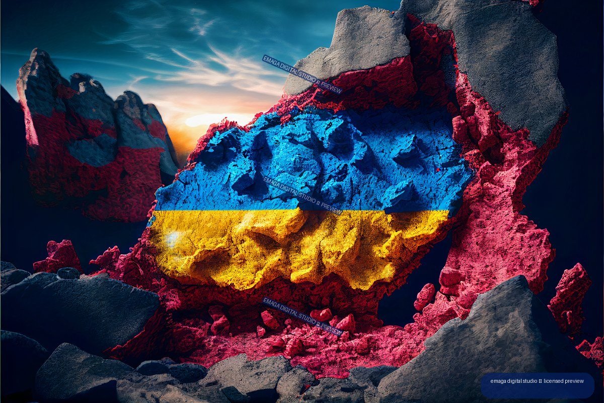 Rock-textured map of Ukraine painted blue and yellow, surrounded by vivid red formations beneath a glowing sunset sky.