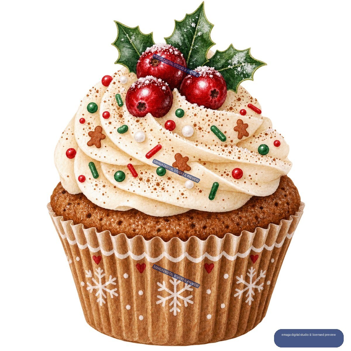 Watercolor Christmas cupcake with swirled frosting, sprinkles, gingerbread decorations, red berries, holly leaves, and a snowflake-decorated wrapper.
