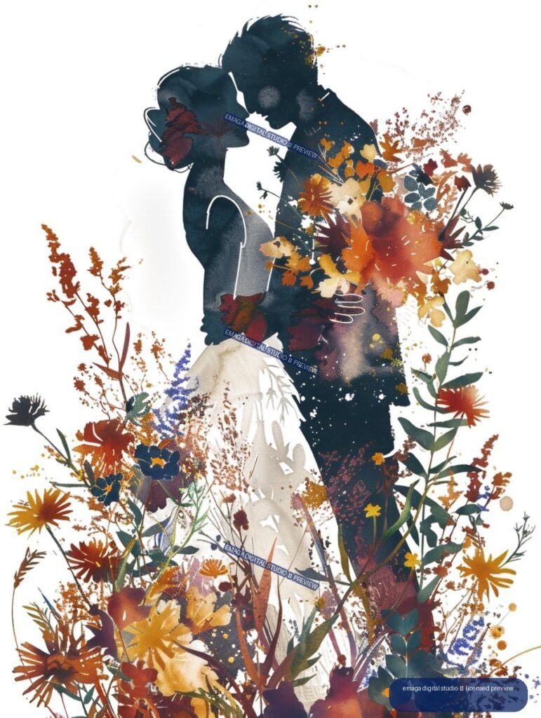 Watercolor-style bride and groom in profile surrounded by abundant orange, cream, blue, and green flowers and foliage.