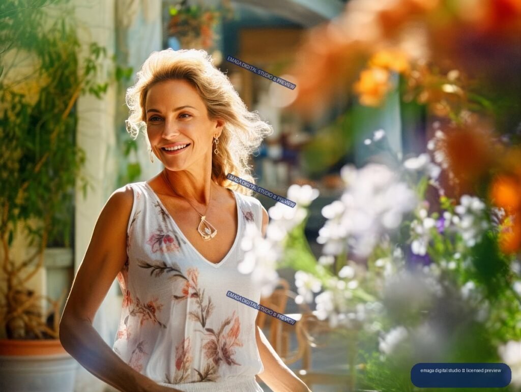 Smiling woman in a sleeveless floral dress standing in a sunlit garden with blurred flowers and greenery.
