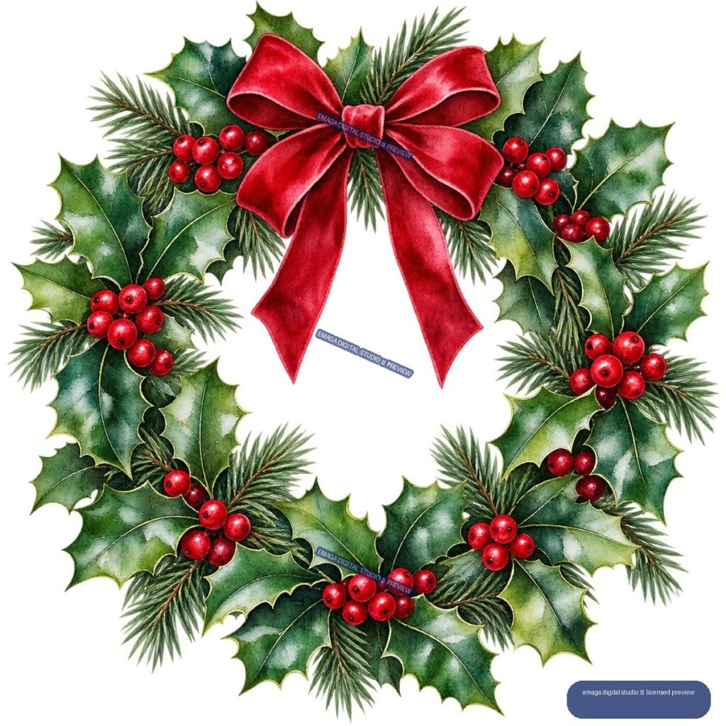 Watercolor Christmas wreath with holly leaves, red berries, evergreen pine branches, and a large red bow.