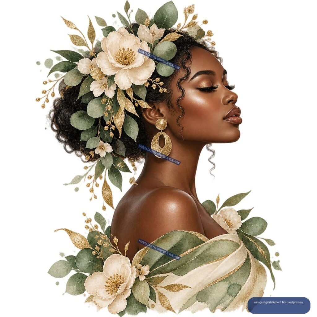 Right-facing watercolor-style profile of a woman with curly hair, gold earrings, and a floral headdress surrounded by flowers and foliage.