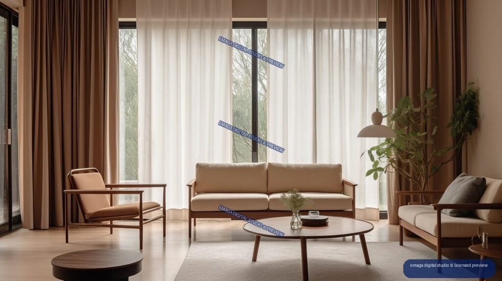 Warm minimalist living room with a sofa, lounge chairs, round coffee tables, sheer curtains, plants, and large windows.