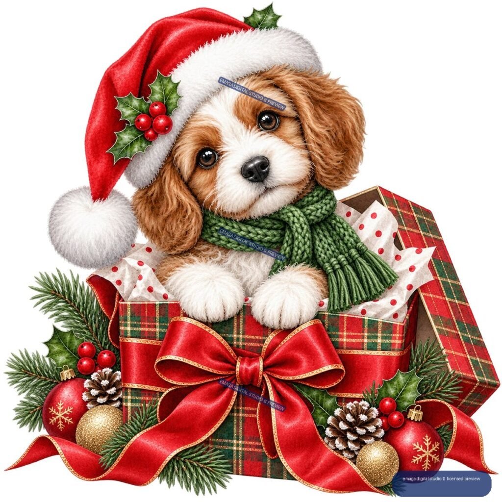 Brown-and-white puppy in a red Santa hat and green scarf sitting in a decorated plaid gift box, surrounded by Christmas greenery, ornaments, pinecones, and ribbons.