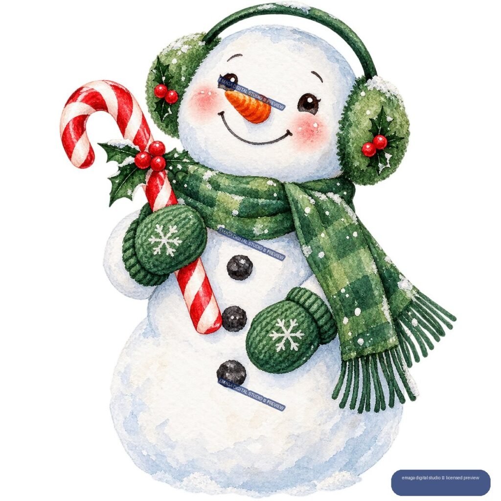 Smiling watercolor snowman wearing green earmuffs, scarf, and mittens while holding a candy cane with holly berries.