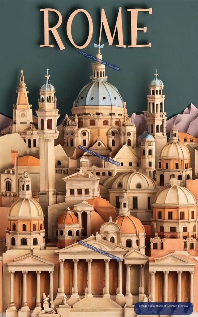 Vertical stylized poster reading “ROME” above a layered collage of domes, towers, columns, and classical buildings in warm terracotta and cream tones against a dark blue-green sky.