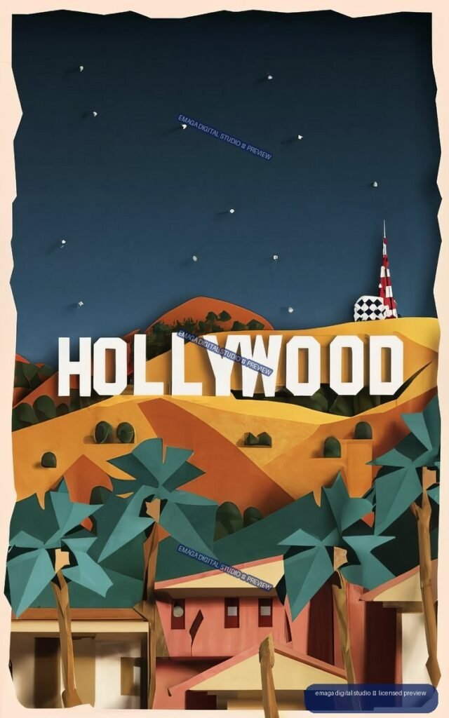 Stylized Hollywood travel poster with large white lettering, angular hills, palm trees, buildings, and a striped tower beneath a dark blue night sky.