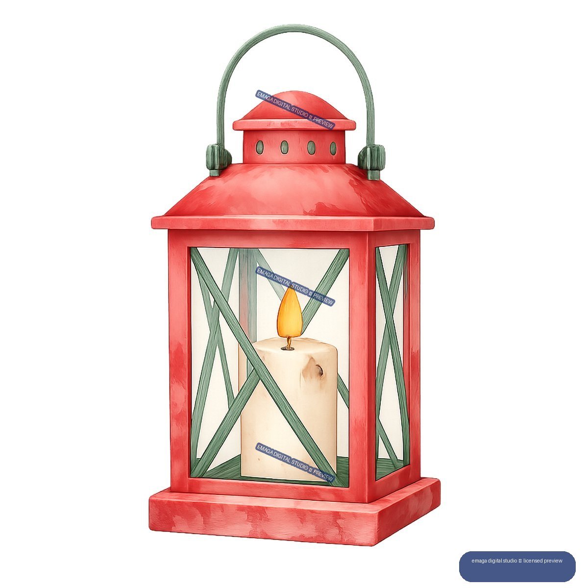 Red lantern with green-framed glass panels and a lit cream pillar candle inside.