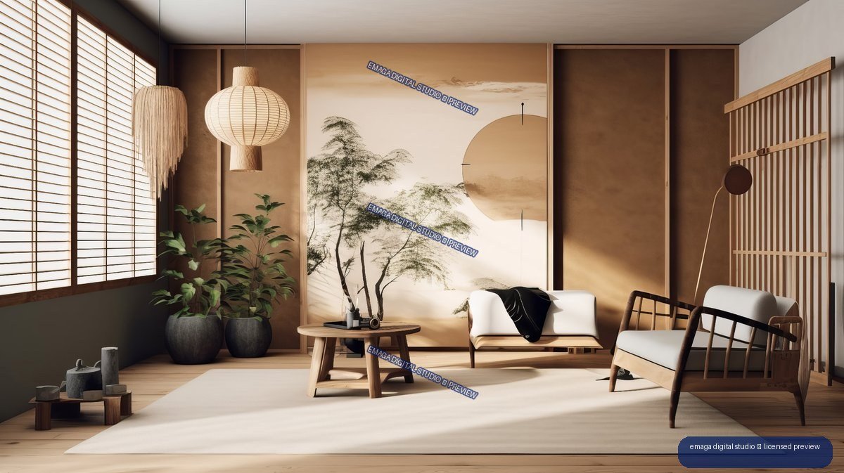 Minimalist Japandi living room with wood flooring, shoji screens, pendant lamps, plants, low furniture, and tree wall art.
