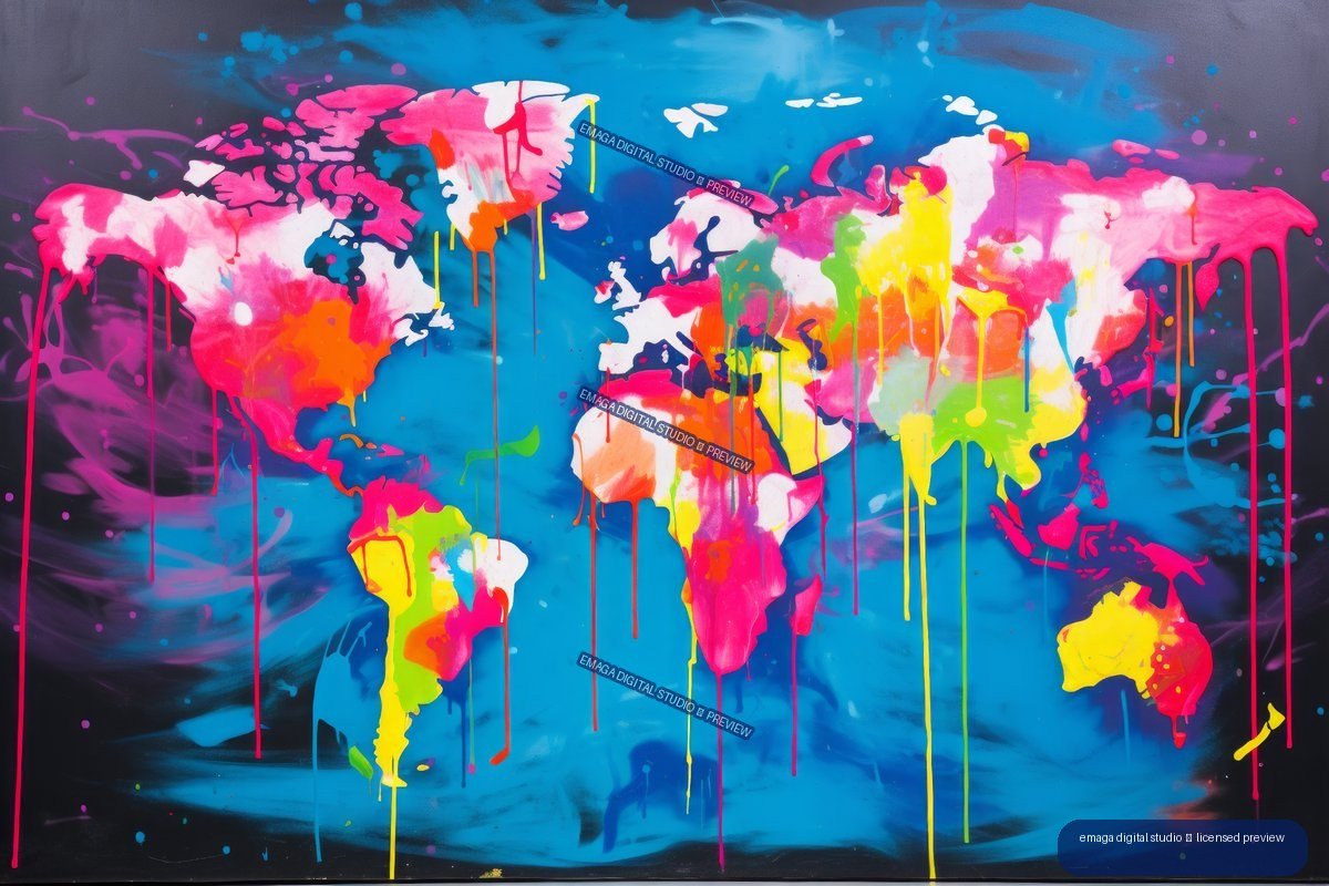 Vivid graffiti-style world map with fluorescent multicolored continents, paint splashes, and dripping lines on a deep blue and purple field.