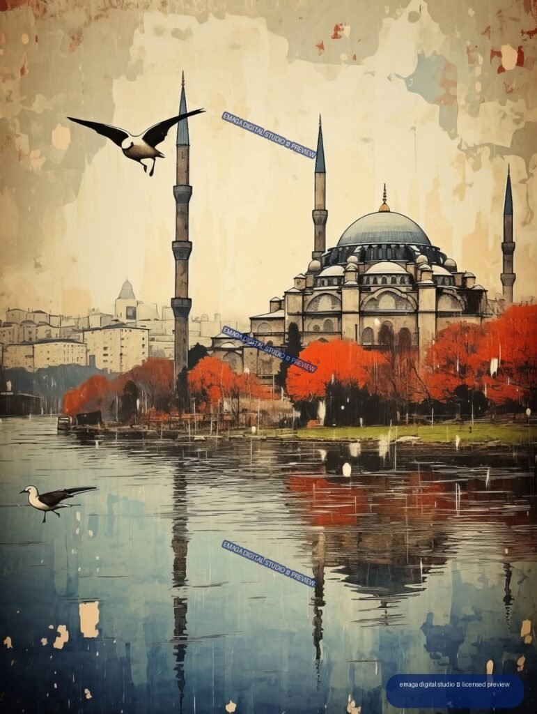 Vintage-style illustrated Istanbul waterfront with a domed mosque, minarets, red-orange trees, reflections, and flying gulls.