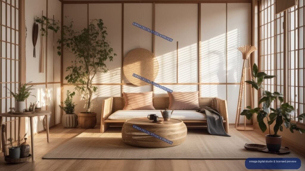 Sunlit Japandi living room with shoji-style windows, wood flooring, woven sofa, plants, and a round coffee table.