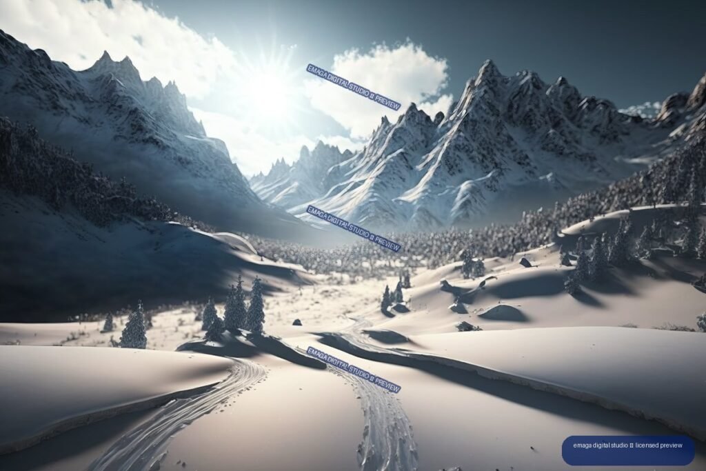 Snow-covered mountain valley with jagged peaks, evergreen trees, sunlight, and curving tracks across the foreground snow.