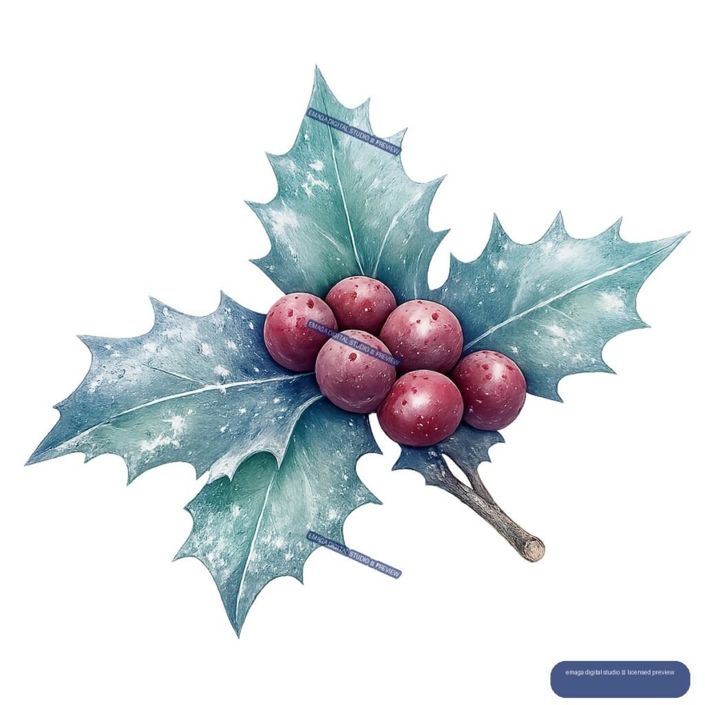 Blue-green holly leaves surrounding six red-purple berries, with a short stem extending to the lower right.
