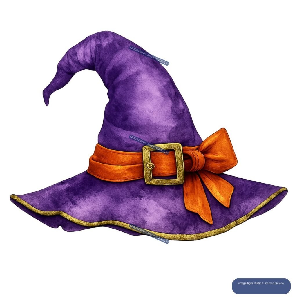 Purple pointed witch hat with an orange band, large orange bow, gold buckle, and gold-trimmed brim.