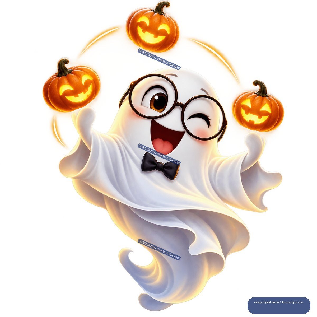 Smiling cartoon ghost in glasses and a bow tie floating among three glowing jack-o'-lanterns.