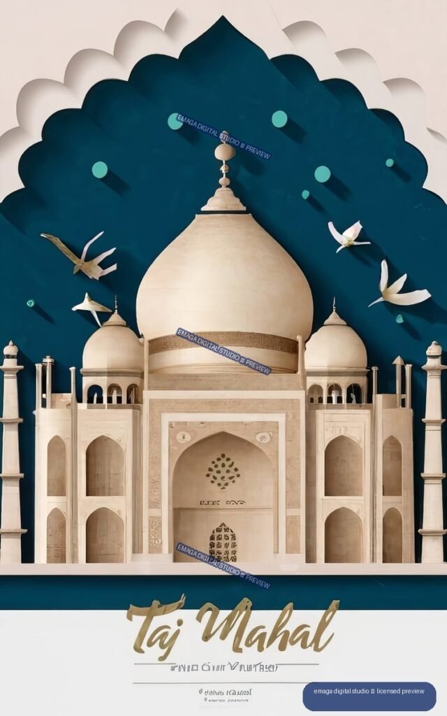 Stylized poster illustration of the Taj Mahal with a cream dome, minarets, birds, and gold lettering on a deep teal background.