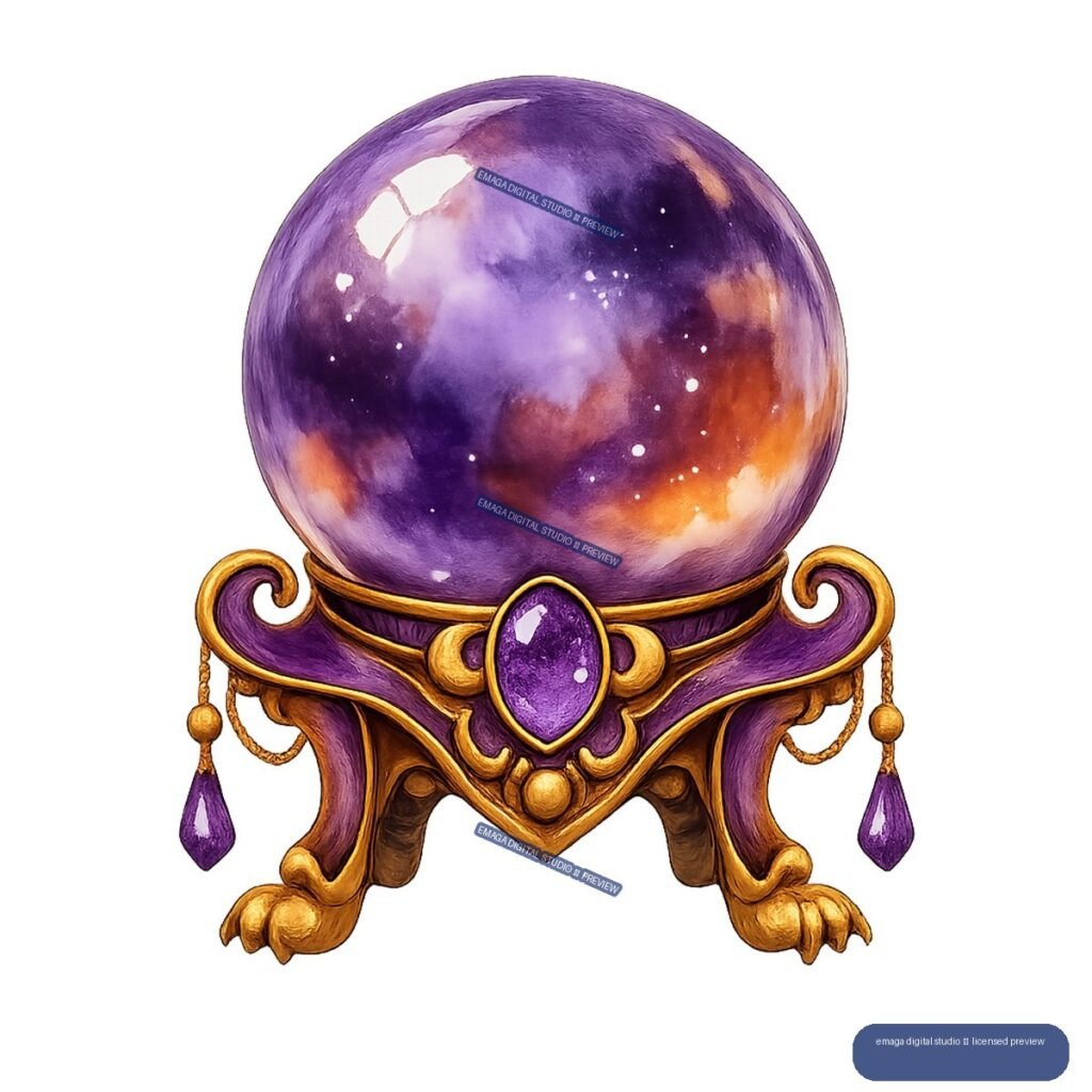 Purple and amber crystal ball on an ornate purple-and-gold stand with dangling gems and clawed feet.