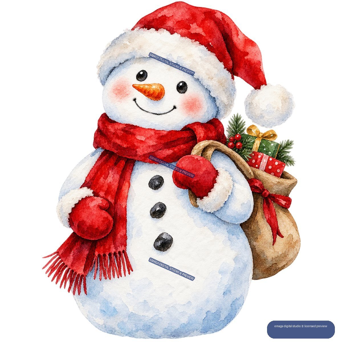 Watercolor illustration of a smiling snowman in a Santa hat and red scarf carrying a sack of Christmas gifts, evergreen sprigs, and berries.