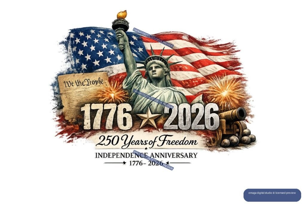 Commemorative graphic showing the Statue of Liberty before an American flag, fireworks, parchment reading “We the People,” a cannon, and text marking 1776–2026 and 250 years of freedom.
