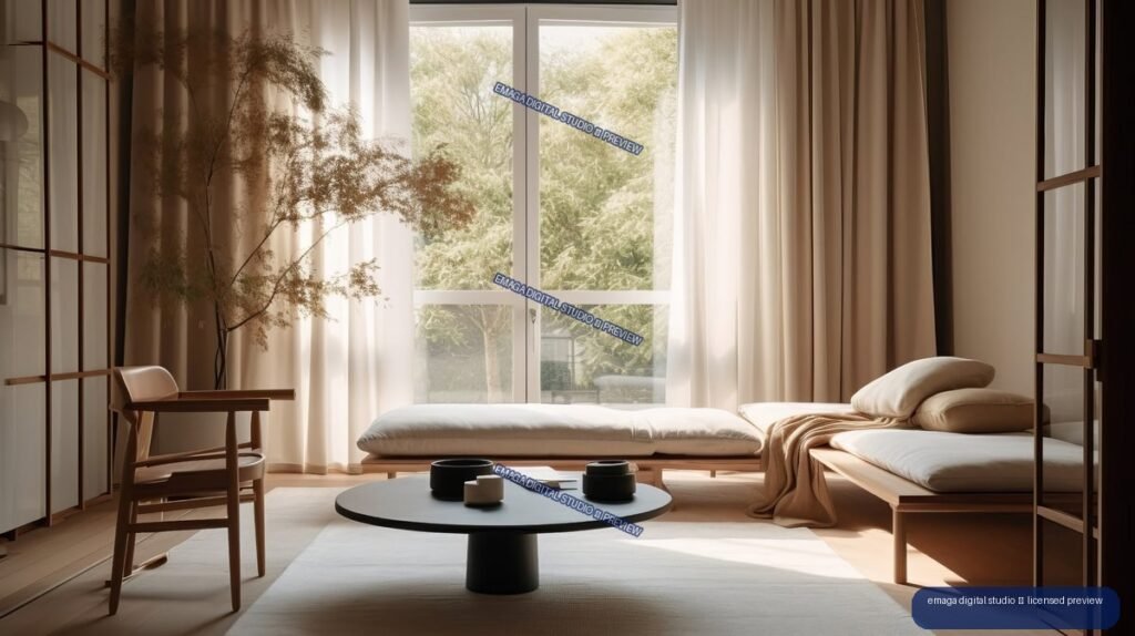Warm minimalist Japandi living room with low wooden furniture, round black coffee table, sheer curtains, and leafy trees outside large windows.