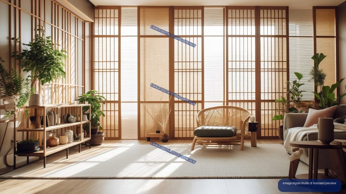 Sunlit minimalist living room with shoji-style screens, plants, open shelving, woven chair, sofa, and wooden floor.
